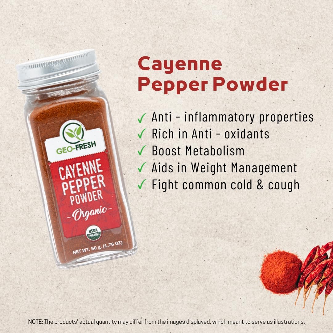 Geo-Fresh Cayenne Pepper Powder shaker pouring a pinch onto a dish for bold heat.