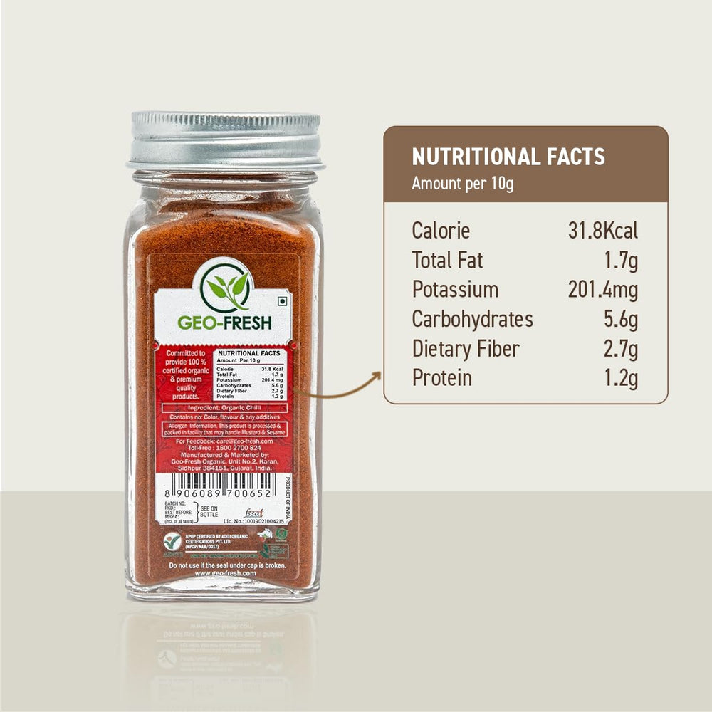  Geo-Fresh Organic Cayenne Pepper Powder back view highlighting certifications for clean cooking.