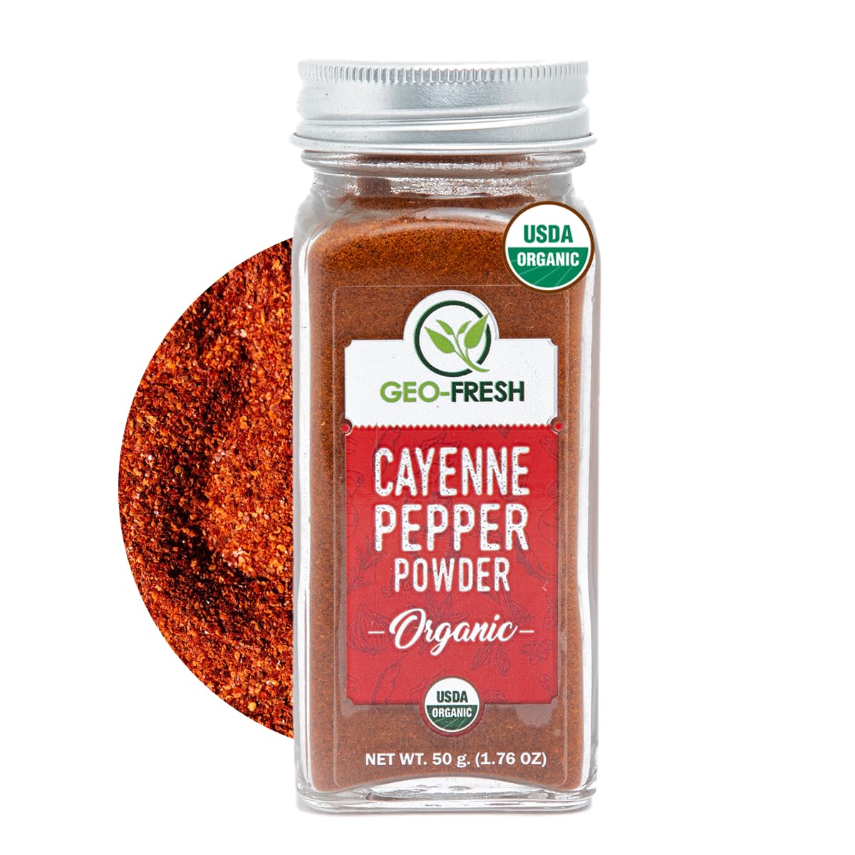Geo-Fresh Organic Cayenne Pepper Powder jar front view showing vibrant heat-ready spice.