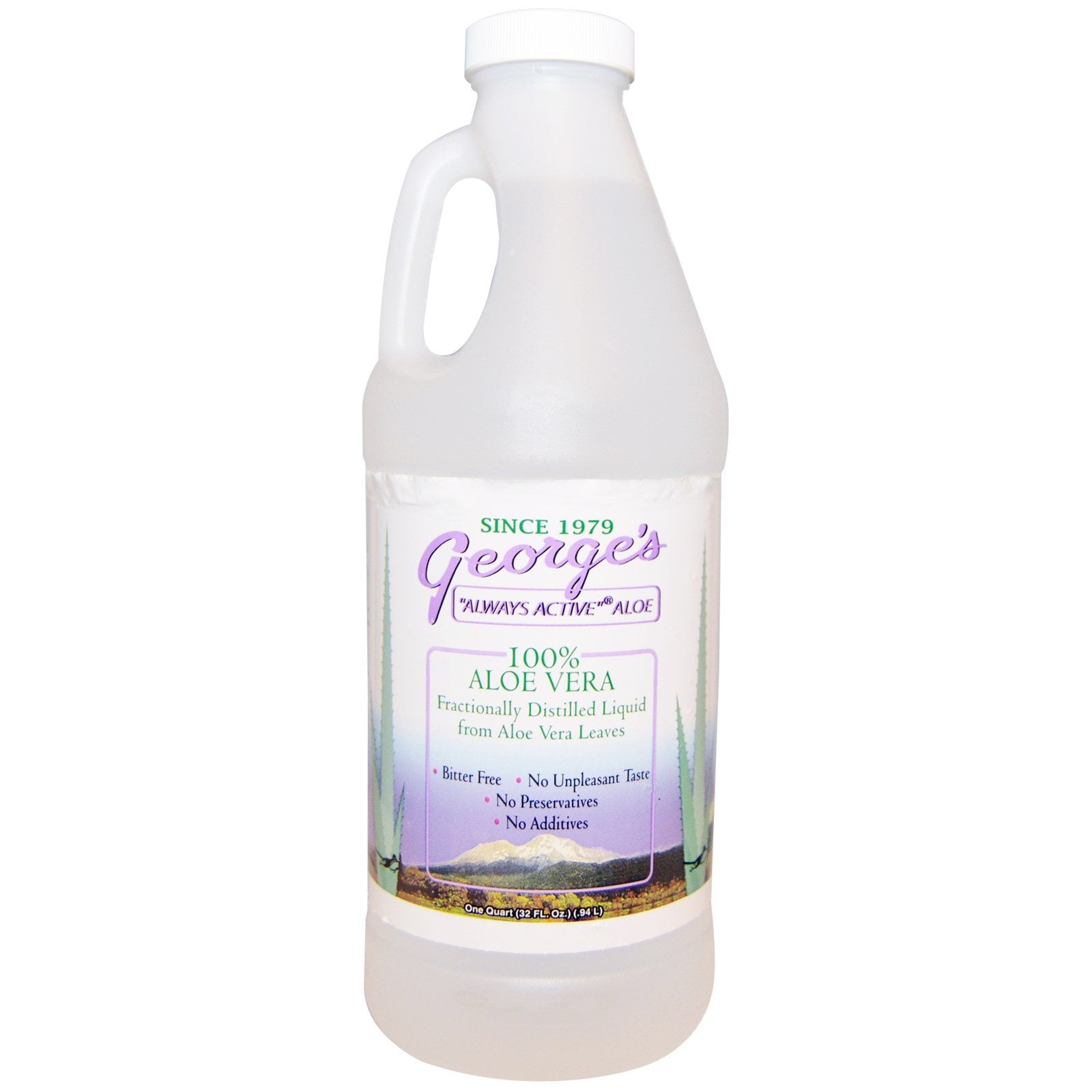 George's Aloe Vera bottle shows pure liquid for daily skincare.
