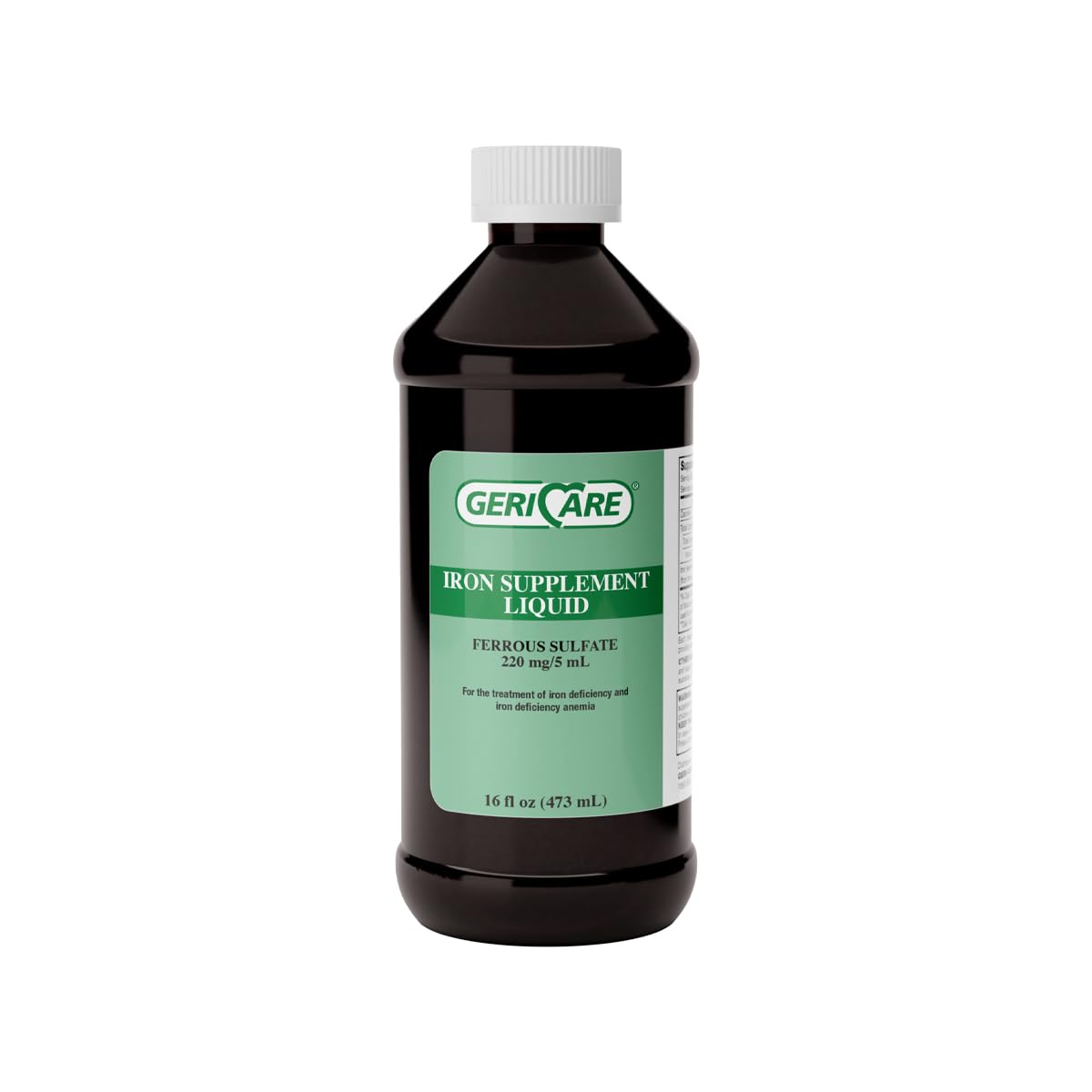 GeriCare 220 High Potency Liquid Iron bottle with clear label for easy dosing.