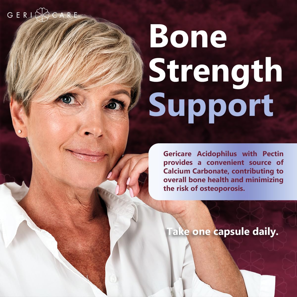 GeriCare bone health focus with calcium details on packaging.