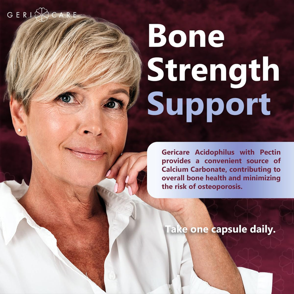 GeriCare bone health focus with calcium details on packaging.