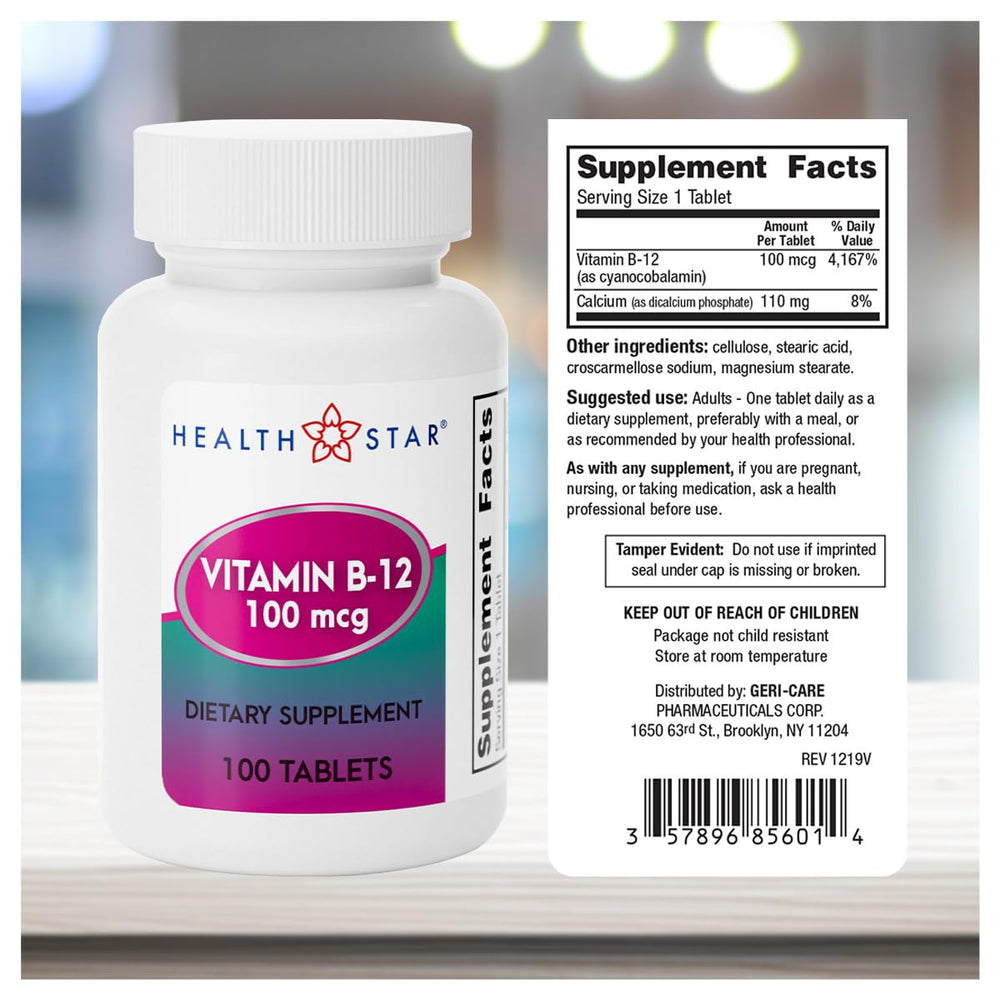 GeriCare B-12 tablets closeup highlighting compact daily supplement