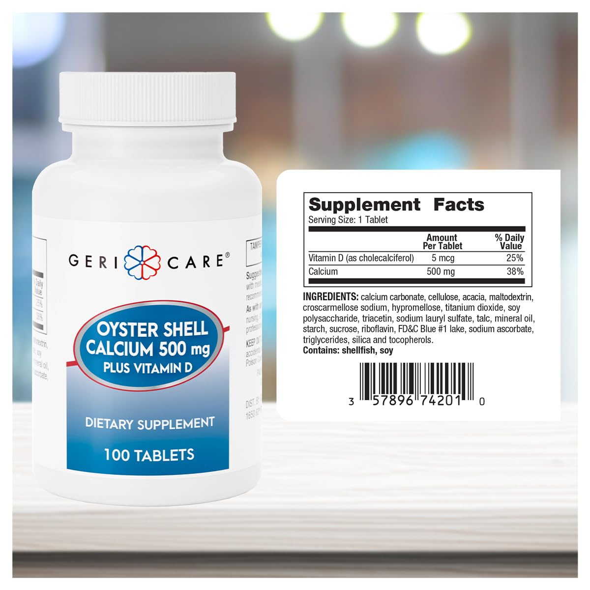 GeriCare bottle with 100-count calcium tablets for daily bone support.