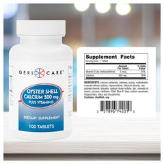 GeriCare bottle with 100-count calcium tablets for daily bone support.