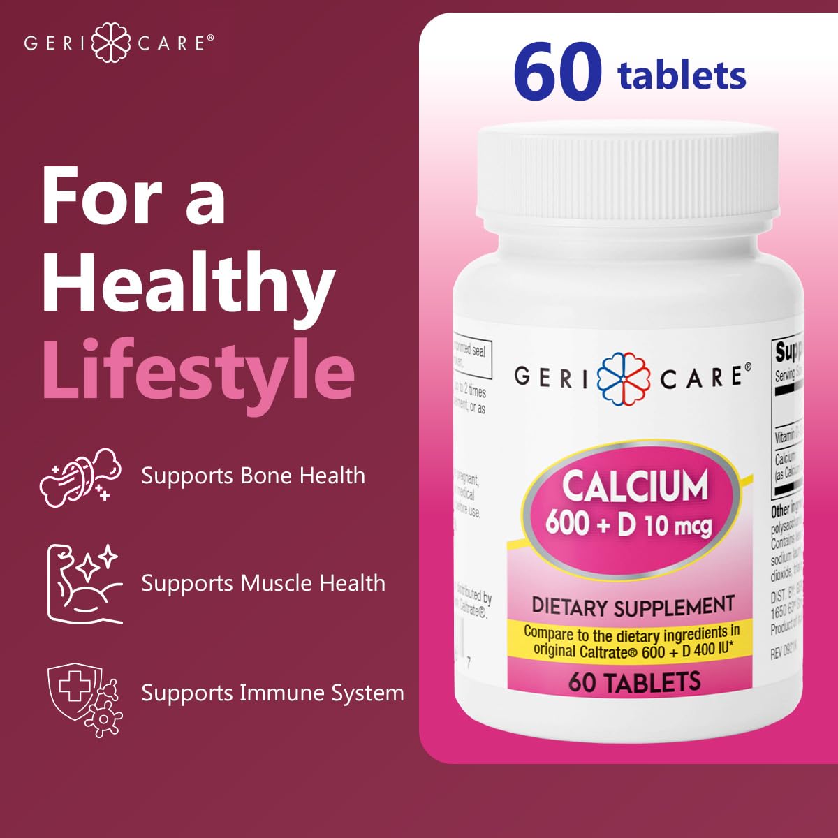 GeriCare bottle on kitchen counter convenient 60-count supply.