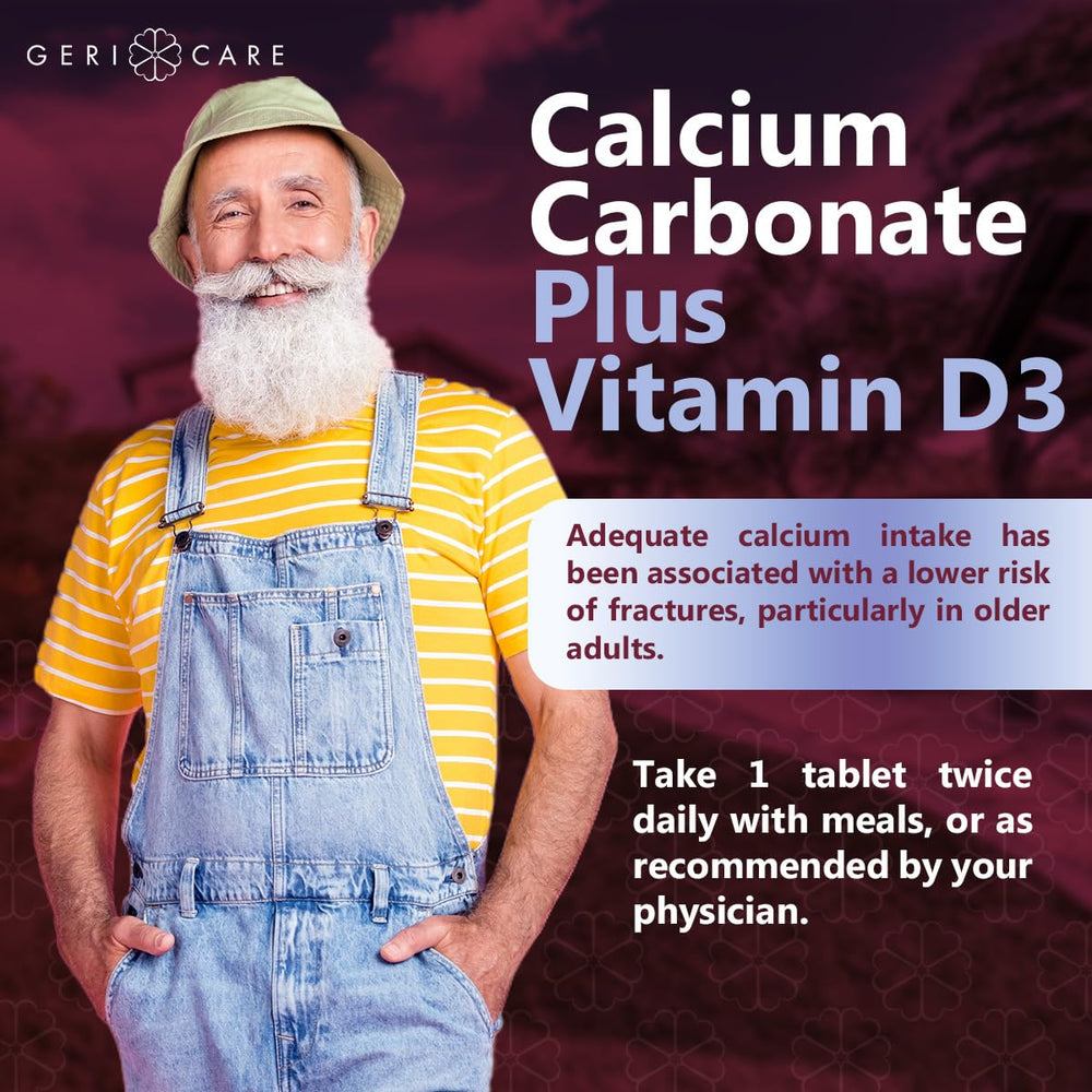 GeriCare bottle beside glass of water everyday bone health support.
