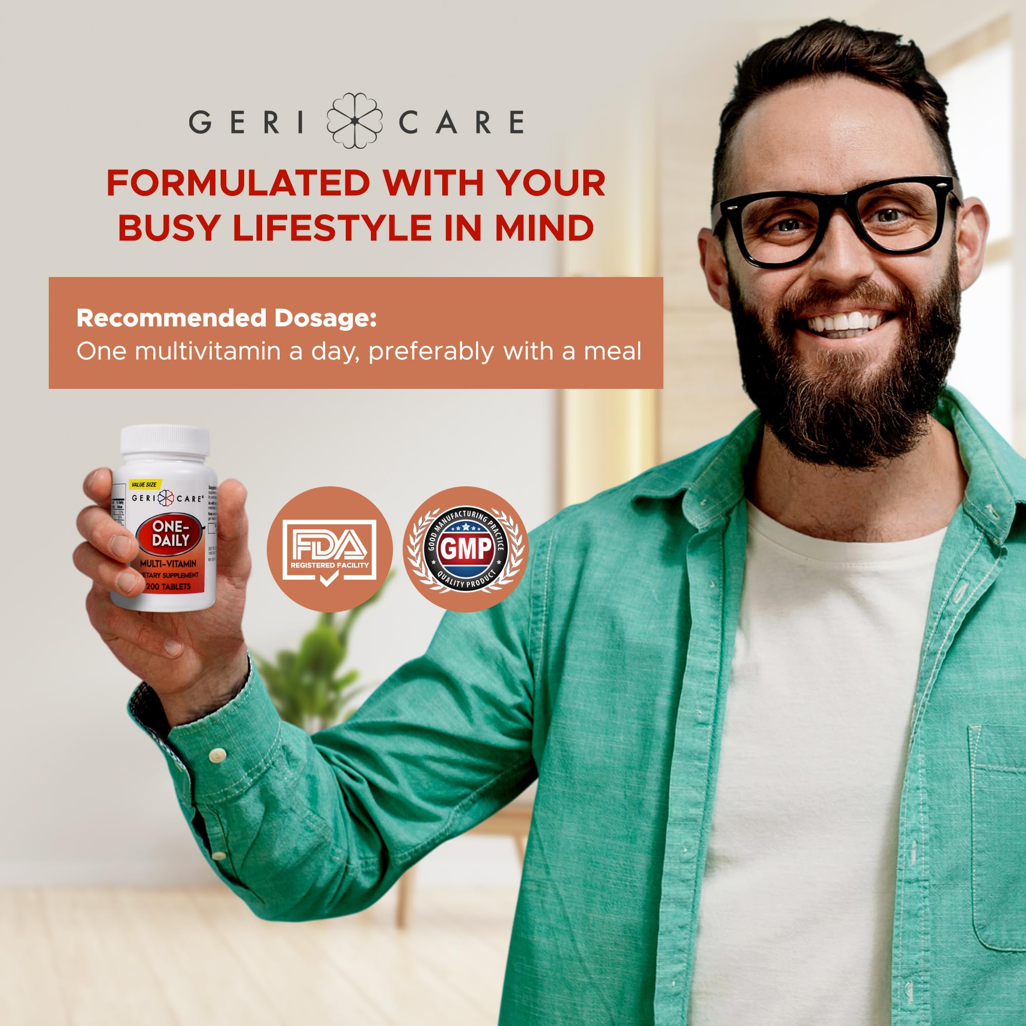 GeriCare bottle with tablets on table supports travel-friendly daily routine.