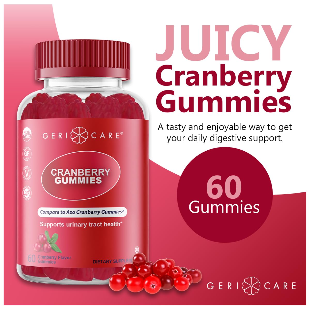 GeriCare Cranberry Gummies close-up shows soft texture and cranberry flavor.