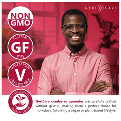 Label detail of GeriCare Cranberry Gummies showing gelatin-free composition.