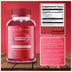 GeriCare Cranberry Gummies label highlights vegan, gluten-free, non-GMO ingredients.