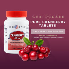 GeriCare cranberry tablets package with glass of water for daily wellness.