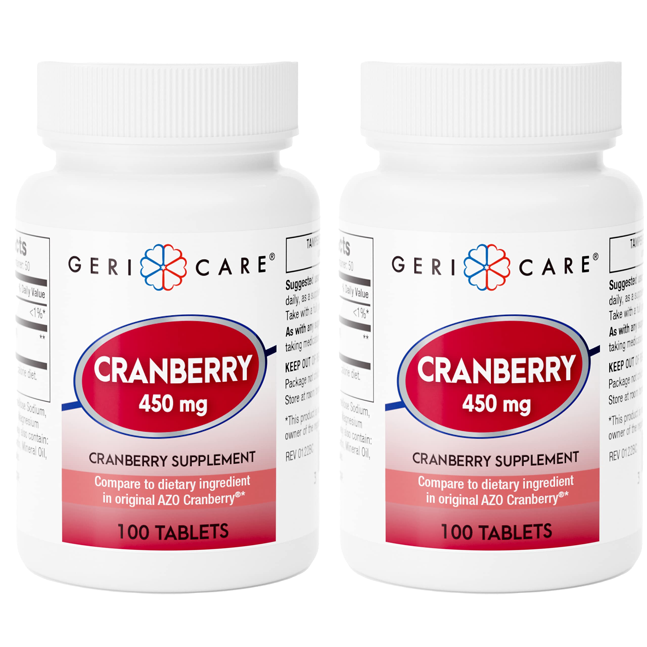 GeriCare cranberry tablets bottle front view for daily urinary tract support.