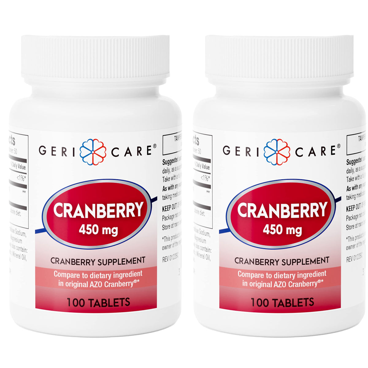 GeriCare cranberry tablets bottle front view for daily urinary tract support.