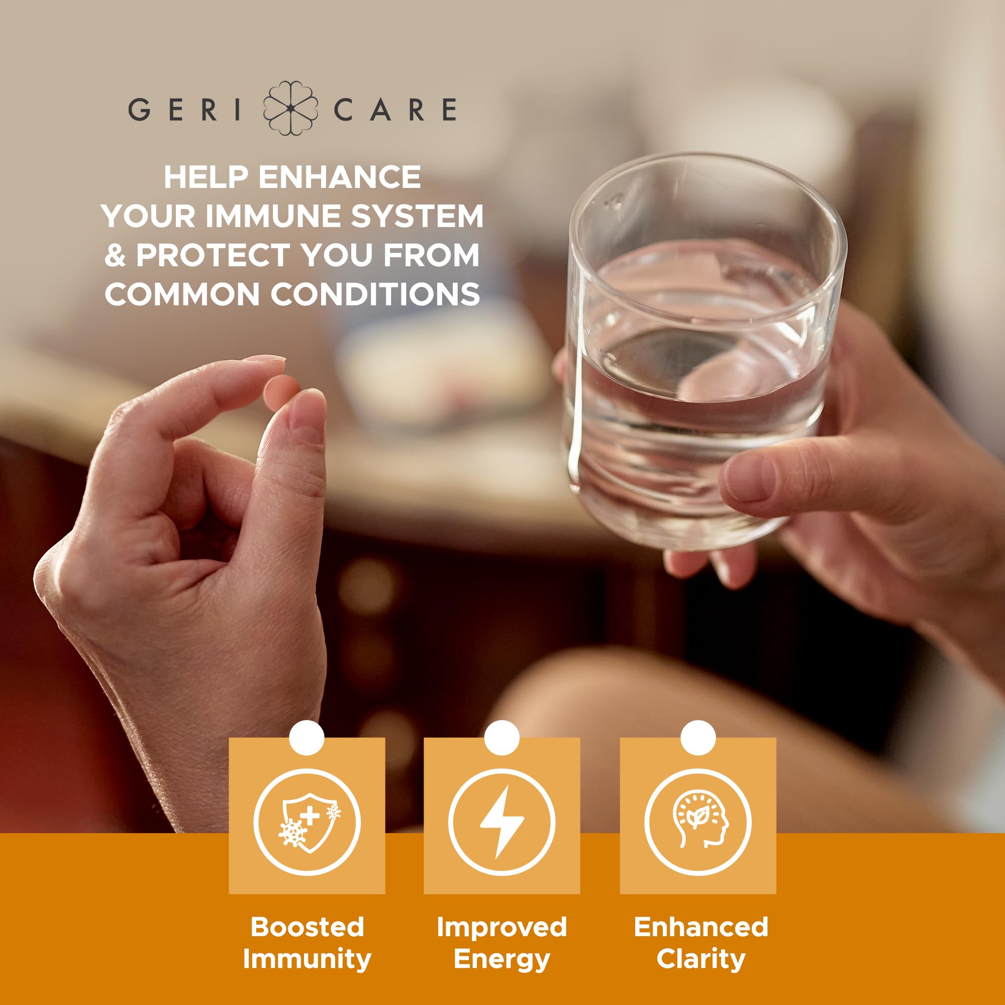 GeriCare daily health routine scene illustrating convenient supplementation.
