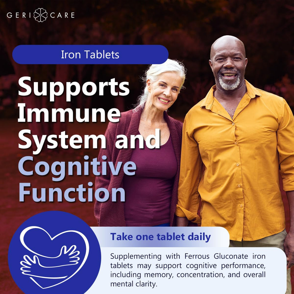 GeriCare Ferrous Gluconate tablets ready for easy daily iron intake.
