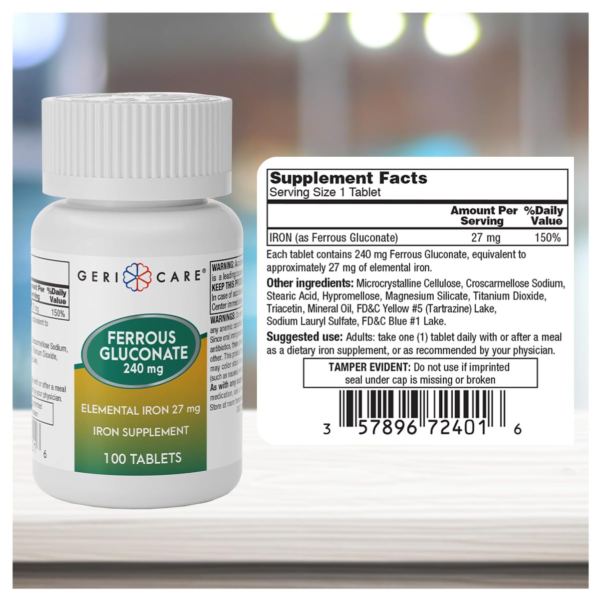 Close-up of GeriCare Ferrous Gluconate label highlighting key information.