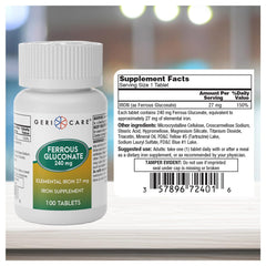 Close-up of GeriCare Ferrous Gluconate label highlighting key information.