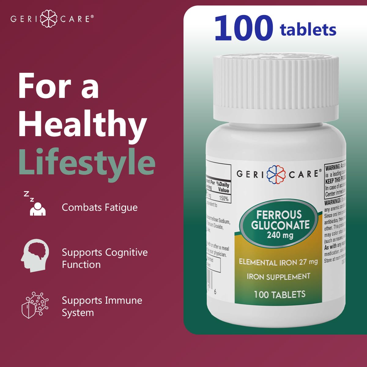 GeriCare ferrous gluconate label detail for iron supplement transparency