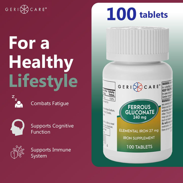 GeriCare ferrous gluconate label detail for iron supplement transparency
