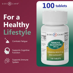 GeriCare ferrous gluconate label detail for iron supplement transparency