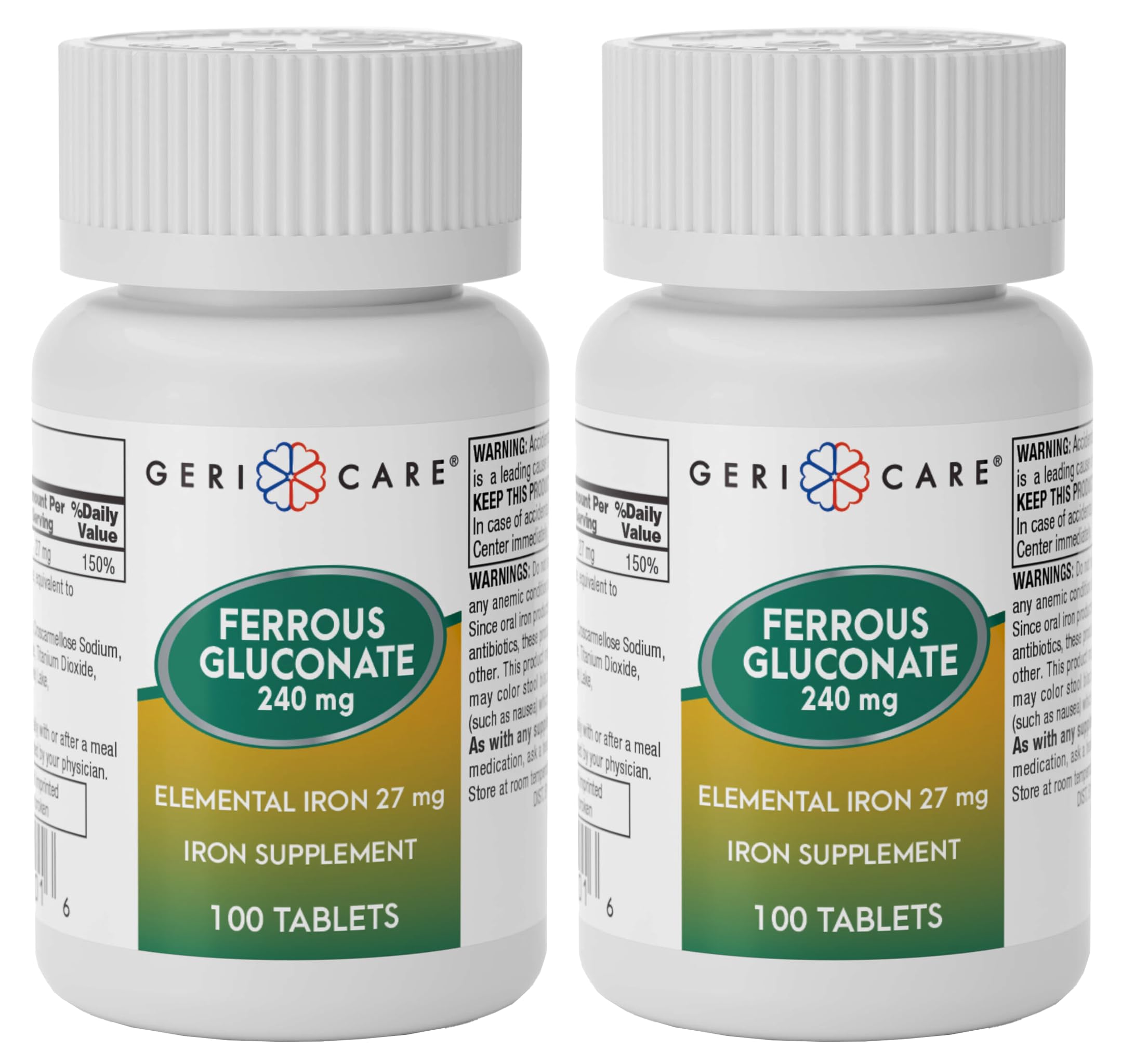 GeriCare Ferrous Gluconate tablets bottle for easy daily iron support.