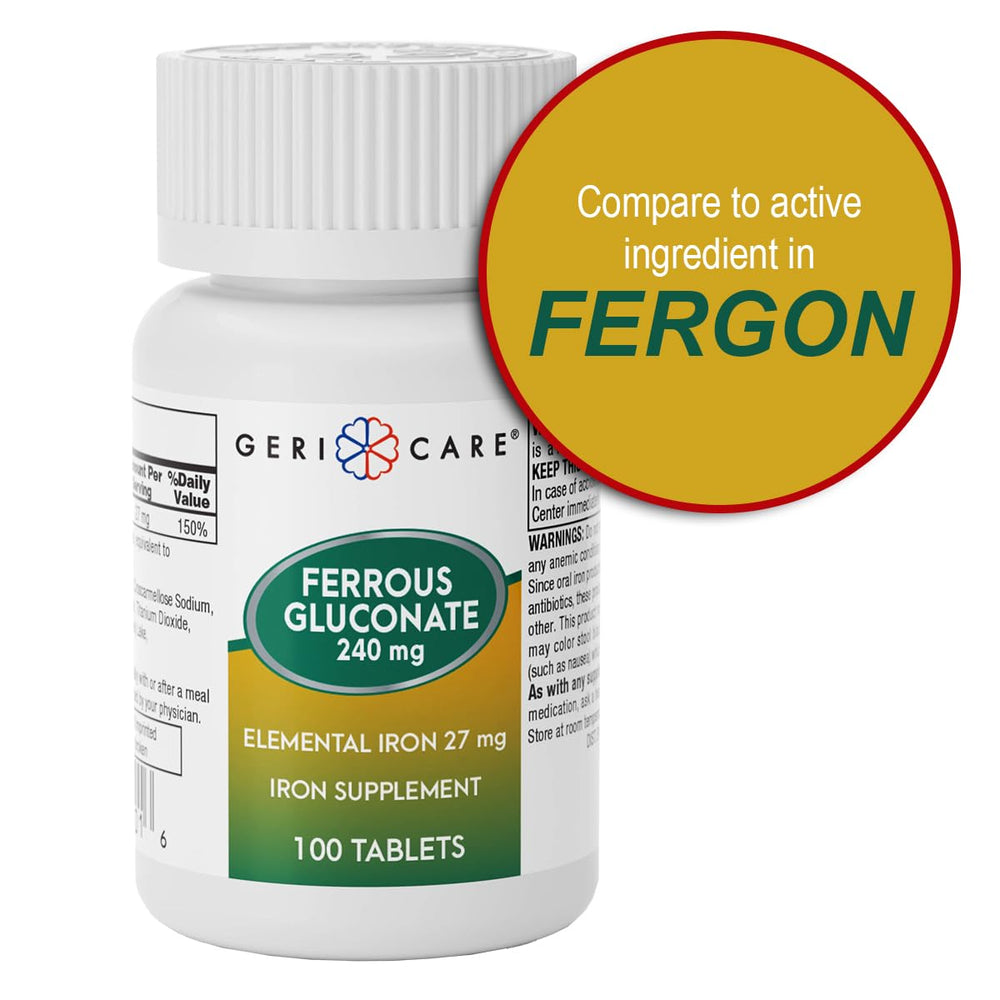 GeriCare ferrous gluconate tablets in hand showing portable daily use