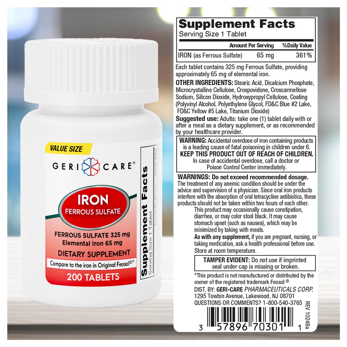 GeriCare ferrous sulfate tablet close-up shows compact size for easy dosing
