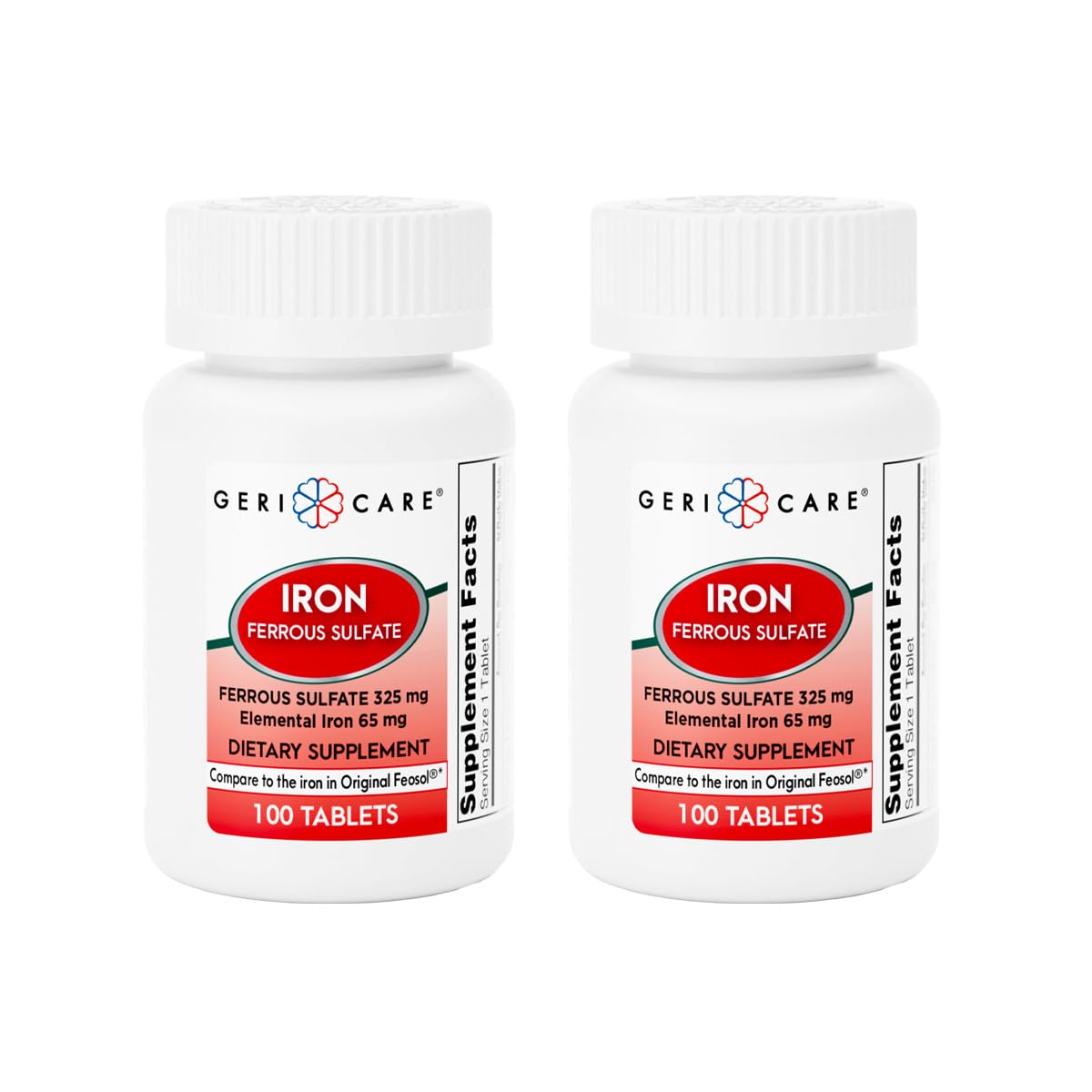 GeriCare Ferrous Sulfate tablets bottle for daily iron support