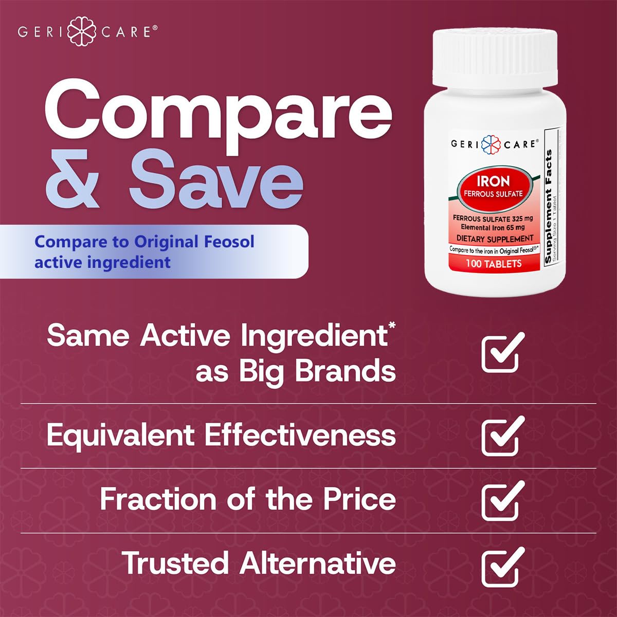 Pouring GeriCare Ferrous Sulfate tablets for easy daily intake