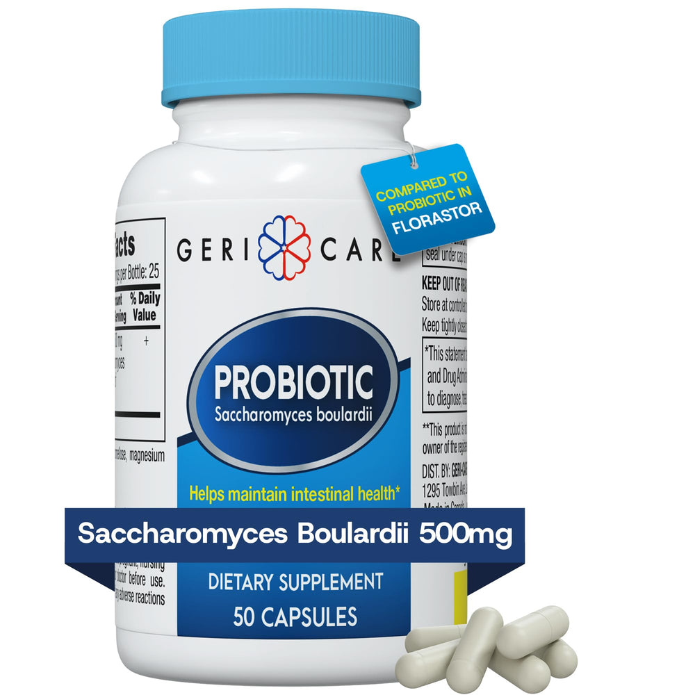 GeriCare gas and bloat probiotic image implies targeted digestive comfort.