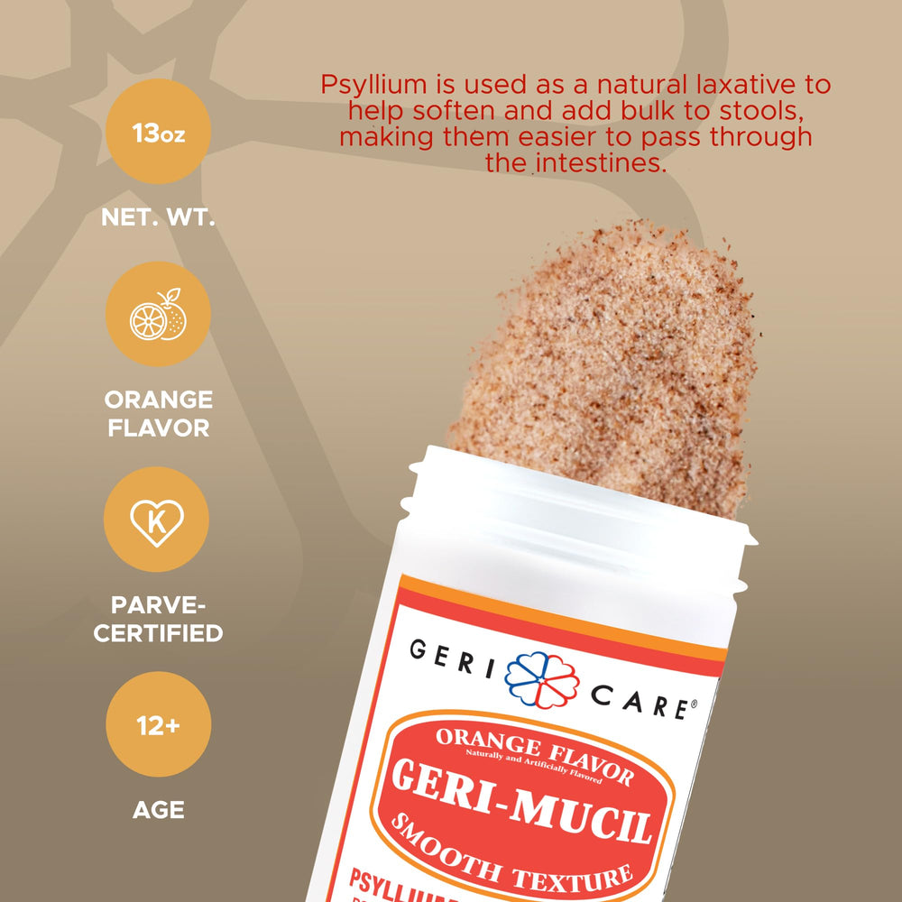 GeriCare Geri-Mucil measuring spoon shows precise portioning for consistent daily fiber intake and taste.