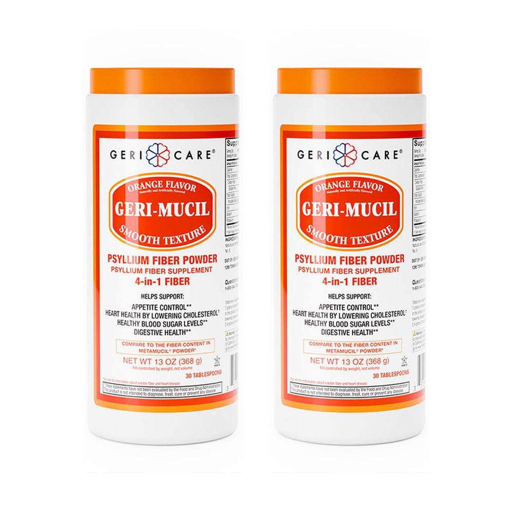 GeriCare Geri-Mucil orange powder in tub supports daily fiber intake with a pleasant flavor and may support regularity.