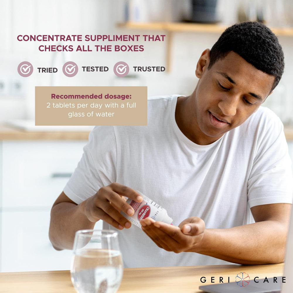 GeriCare gluten-free cranberry tablets next to purity label.