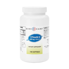 GeriCare high-potency vitamin E capsules bottle front promoting skin and immune support.