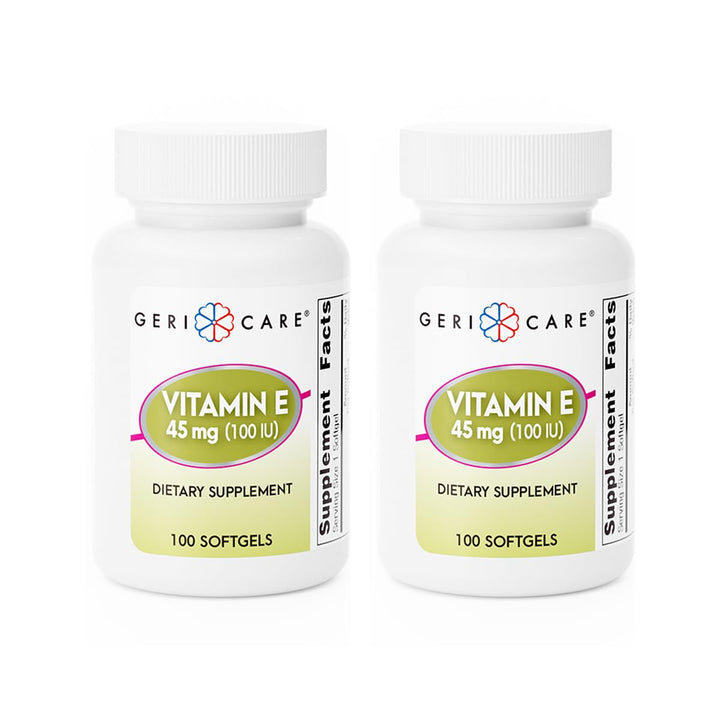 GeriCare high-potency Vitamin E softgels bottle front for easy daily use.