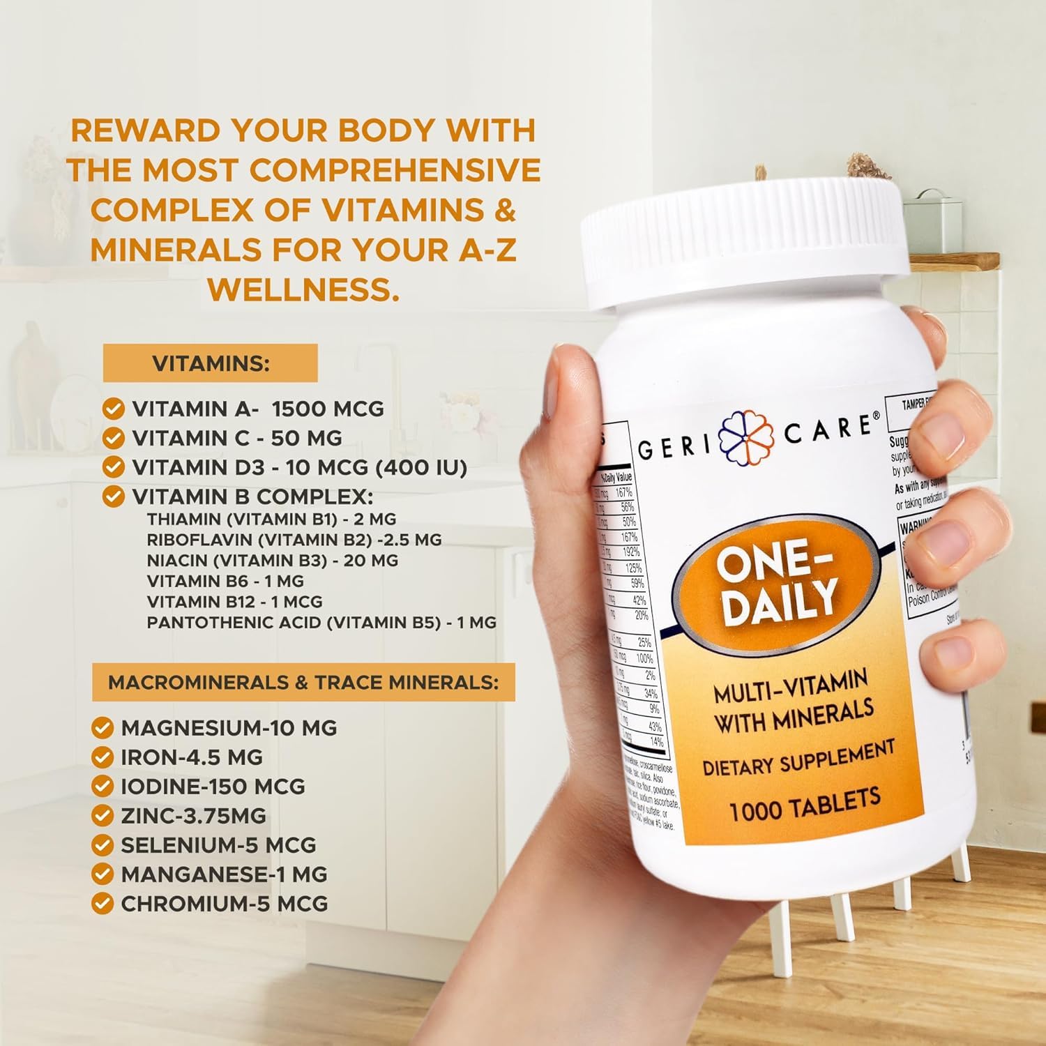 GeriCare immune-support tablets with vitamin C and D for daily immune health.