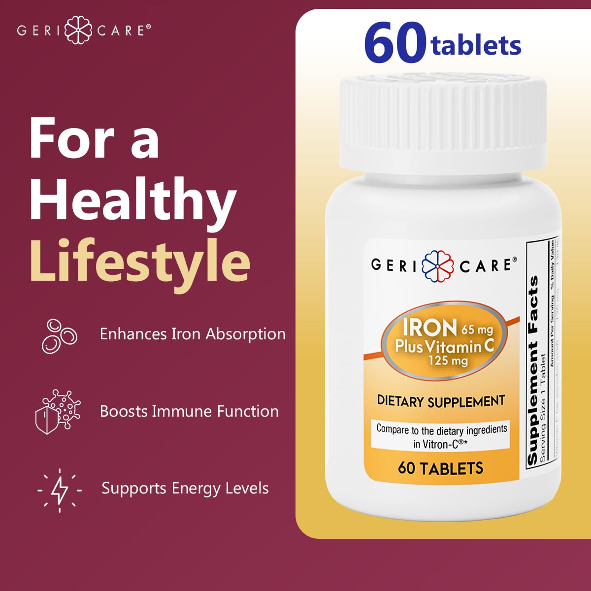 GeriCare bottle closeup showing easy daily dose for energy support