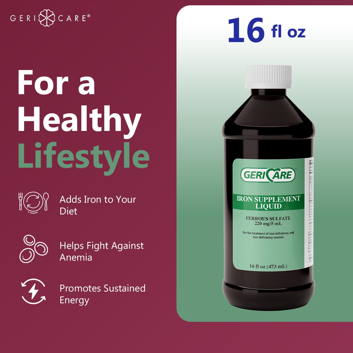 GeriCare Iron supplement label closeup emphasizes quality formulation.