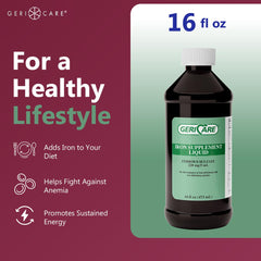 GeriCare Iron supplement label closeup emphasizes quality formulation.