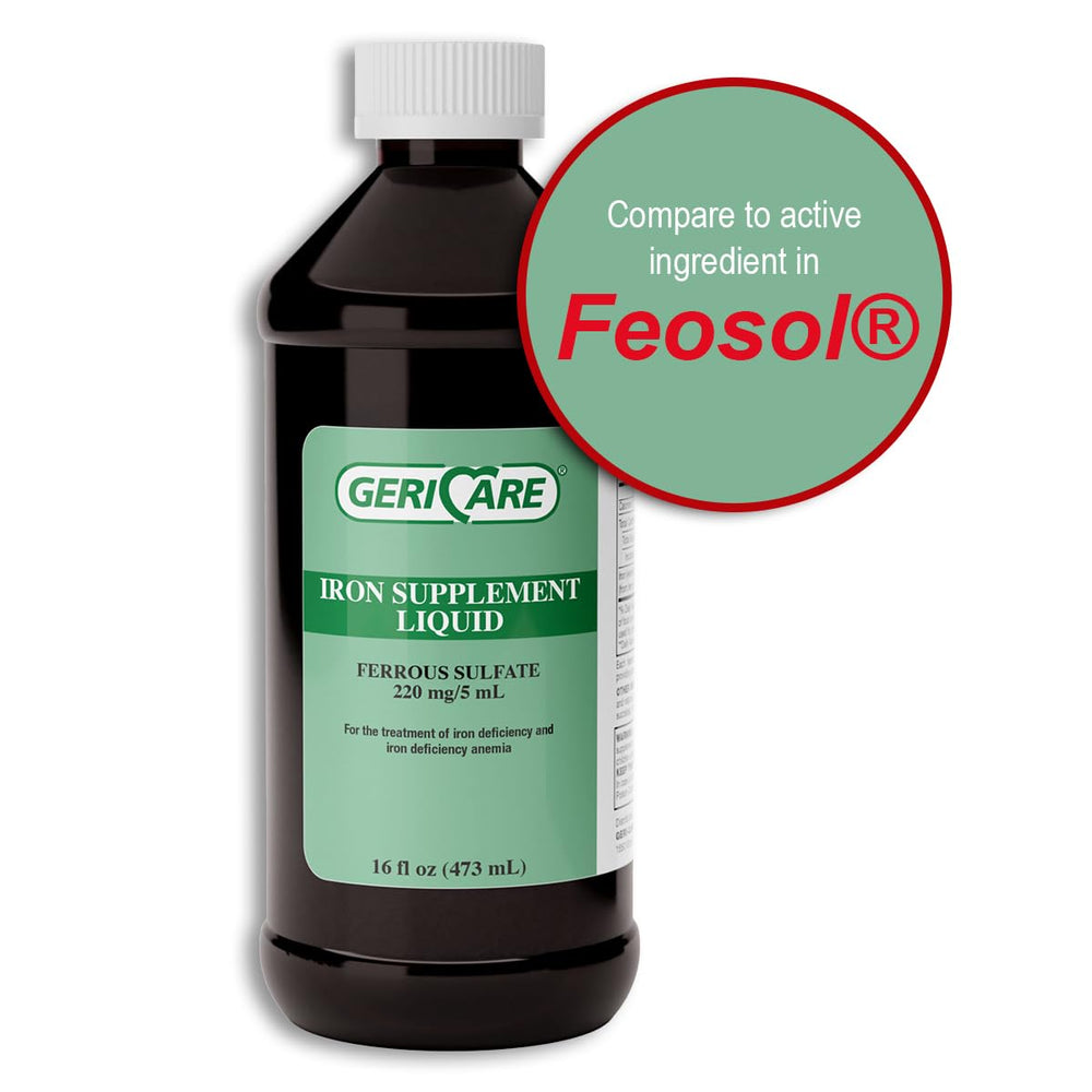 GeriCare Liquid Iron bottle pour shows easy dosing for steady energy.