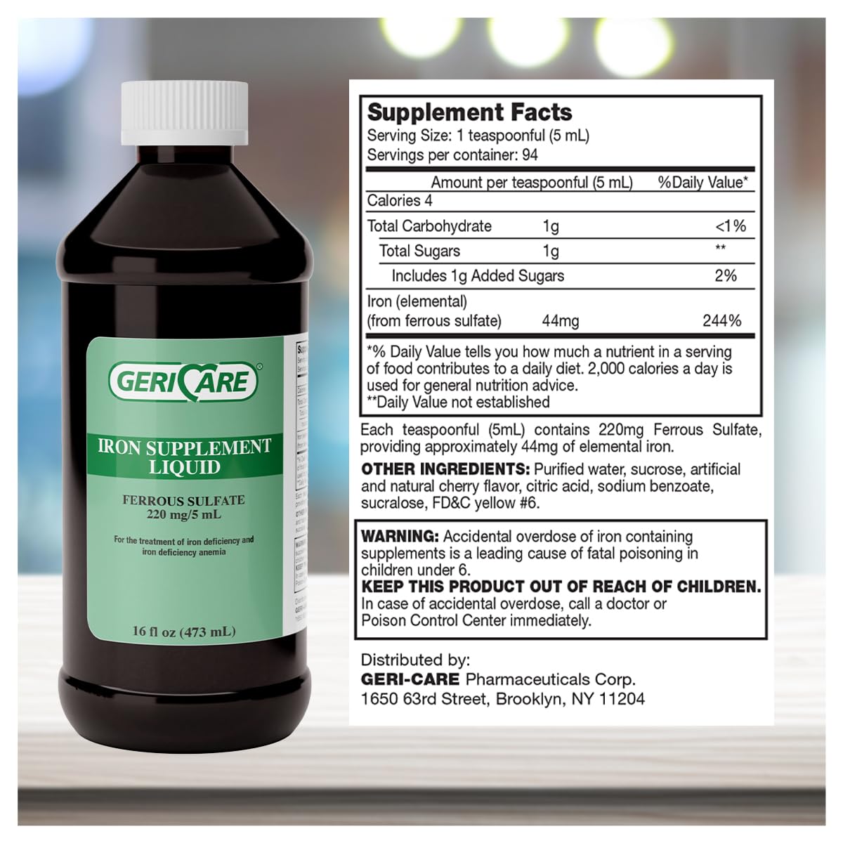 GeriCare Liquid Iron dosing close-up highlights precise 5 mL servings.