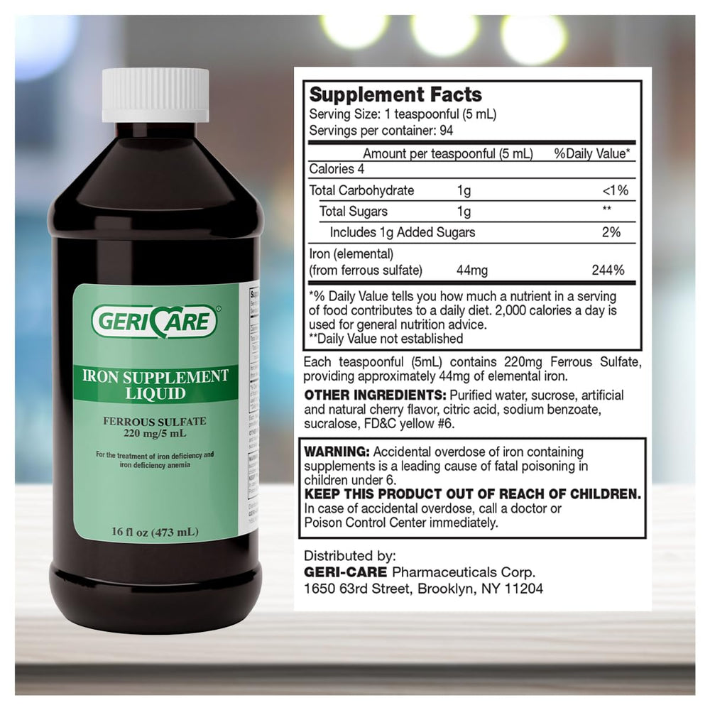 GeriCare Liquid Iron dosing close-up highlights precise 5 mL servings.