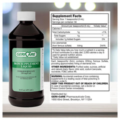 GeriCare Liquid Iron dosing close-up highlights precise 5 mL servings.