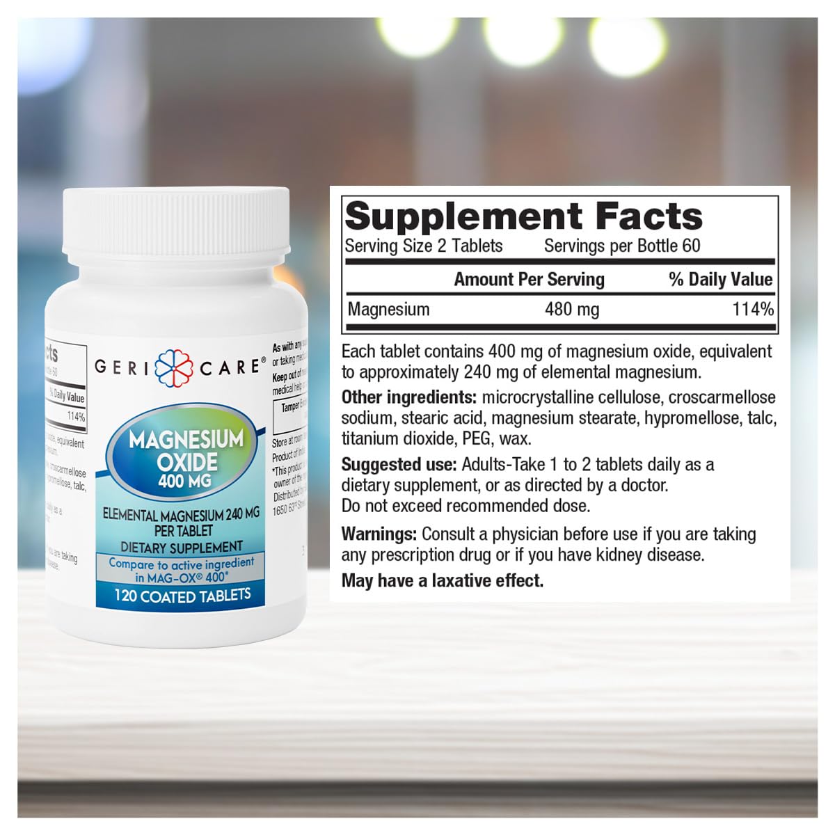 GeriCare magnesium oxide bottle label detail highlighting elemental magnesium content per tablet.