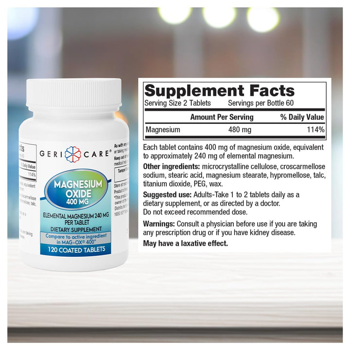 GeriCare magnesium oxide bottle label detail highlighting elemental magnesium content per tablet.