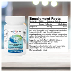 GeriCare magnesium oxide bottle label detail highlighting elemental magnesium content per tablet.