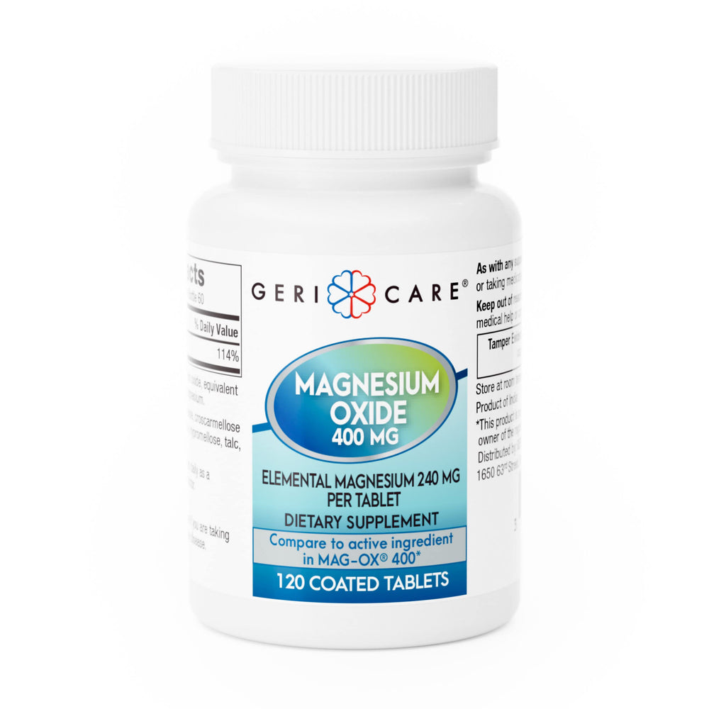 GeriCare Magnesium Oxide bottle on counter supports a simple daily routine for bone and muscle wellness.