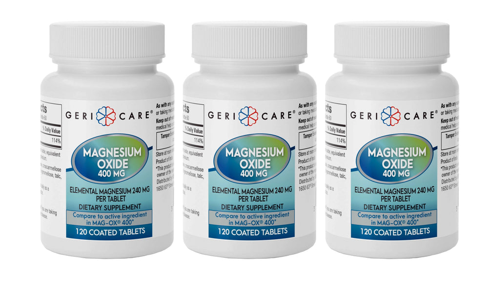 GeriCare Magnesium Oxide bottle top view highlights elemental magnesium for bone and muscle support.